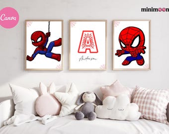 Spiderman Themed Prints Set of 3 Wall Art, Nursery Decor Superhero Custom Print Boy Digital Posters Personalized Name Boys Room Decor