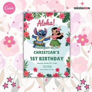 Convite personalizado editável para impressão, convite de aniversário de Lilo e Stitch, modelo de convite para festa de Stitch, aniversariante de Stitch Canva Edit