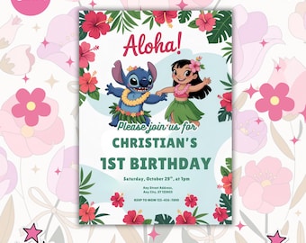 Convite de aniversário Lilo e Stitch: modelo editável do Canva (download digital)