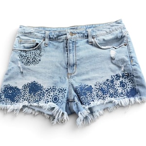 Upcyclyed Hand Painted Cut Off Jean Denim Shorts Medallion Boho Blue Navy