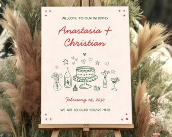 Welcome to Our Wedding Sign Hand Drawn Illustrations Colorful Wedding Welcome Sign Entryway Template Whimsical Wedding Signage Canva, HD3