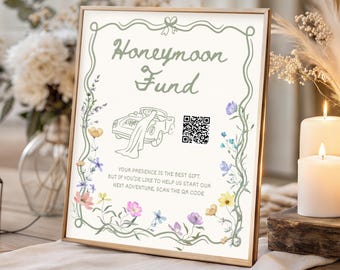 Wedding Honeymoon Fund QR Code Sign Wildflower Wedding Gifts Sign Boho Floral Wedding Signs Tables Venmo QR Code Wedding Cash Gifts, WF1