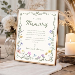 Puede incluir: Un letrero enmarcado con las palabras "IN LOVING Memory" en escritura elegante, rodeado de ilustraciones florales. El letrero incluye texto sobre la celebración del amor y el recuerdo de los seres queridos, con los nombres "Anastasia & Christian". El marco es dorado.