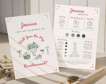 Bridesmaid Proposal Card Template Hand Drawn Will You Be My Bridesmaid Info Card Illustrated Maid Of Honor Proposals Whimsical Invite, HD3