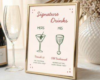 Whimsical Wedding Bar Menu Sign Template Hand Drawn Drink Menu Wedding Cocktail Signs Illustrated Signature Drinks Signage His and Hers, HD3