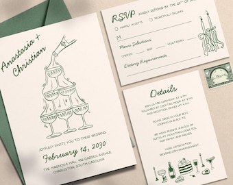 Invitación de boda moderna con ilustraciones dibujadas a mano, papelería caprichosa, plantilla de Canva, tarjetas imprimibles, HD4