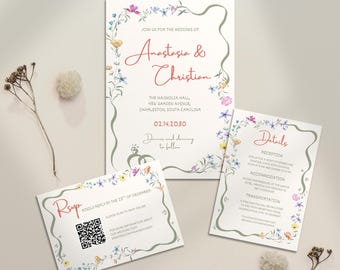 Wildflower Minimalist Wedding Invitation Suites Whimsical Woodland Wedding Stationery Bundle Florals Wedding Invites Canva Template, WF2