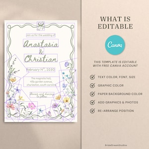 May include: A wedding invitation template featuring a green wavy border, watercolor wildflowers, and the text: Join us for the wedding of Anastasia & Christian, February 14th, 2030, The magnolia hall, 456 garden avenue, charleston, south carolina.
