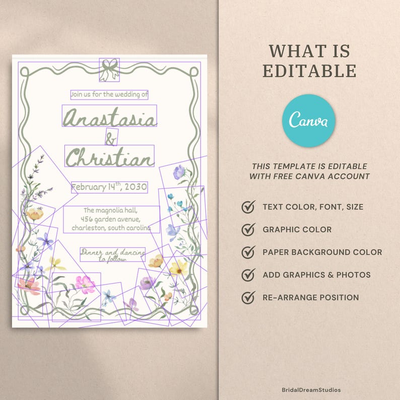 May include: A wedding invitation template featuring a green wavy border, watercolor wildflowers, and the text: Join us for the wedding of Anastasia & Christian, February 14th, 2030, The magnolia hall, 456 garden avenue, charleston, south carolina.