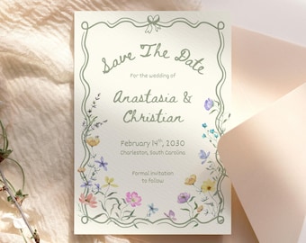 Wildflower Save The Date Wedding Invitation Templates Boho Floral Wedding Invite Whimsical Wedding Announcements Save Our Date Card, WF1