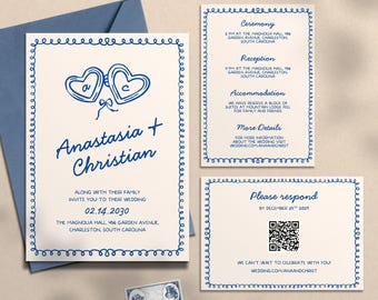 Whimsical Wedding Invitation Template Hand Drawn Wedding Invite QR Code RSVP Card Wedding Editable Template Canva Printable Sets, HD5