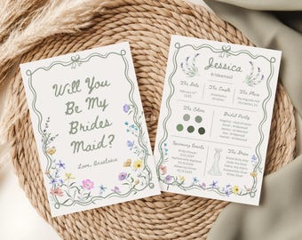 Kaartsjabloon bruidsmeisjesvoorstel Wildflower Will You Be My infokaart bruidsmeisje Grillige bruidsmeisjesvoorstellen Boho bloemenuitnodiging, WF1