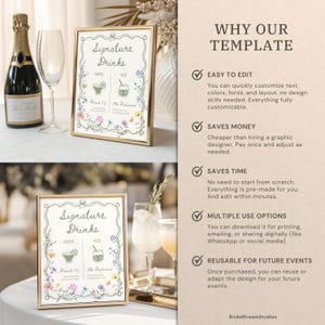 May include: A gold-framed sign with the words "Signature Drinks" and drink illustrations. The sign includes the text "French 75" and "Old Fashioned." A champagne bottle and glass are in the background. The sign is for a wedding or event.