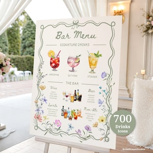 May include: A white bar menu sign featuring a sage green decorative border with floral illustrations. The text includes Bar Menu, Signature Drinks, Absinthe, G&T Pink, Stinger, The Bar, Wine, Beer, Spirits, and Non-Alc with various drink icons.
