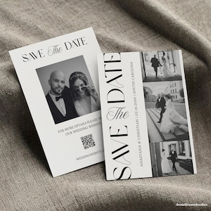 Peut inclure: Deux cartons blancs "Save the Date". L'un présente une photo en noir et blanc d'un couple, le texte "Save The Date" et un code QR. L'autre carte porte le texte "Save The Date" et des photos de mariage.