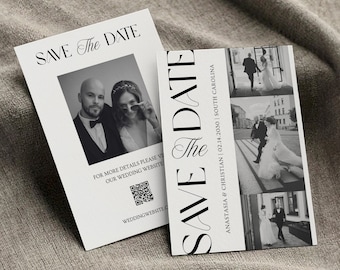 Plantilla de foto para guardar la fecha, elegante invitación de boda con código QR, minimalista, imprimible, moderna, MN4