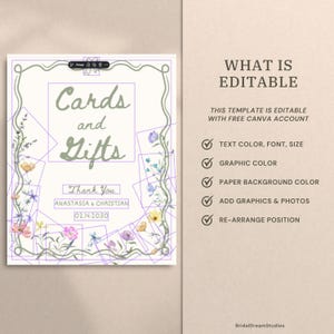 May include: A wedding sign with the words "Cards and Gifts" in a decorative font. The sign includes the names "Anastasia & Christian" and the date "02.14.2030". Floral illustrations and geometric shapes frame the text. The sign also states "What is Editable".