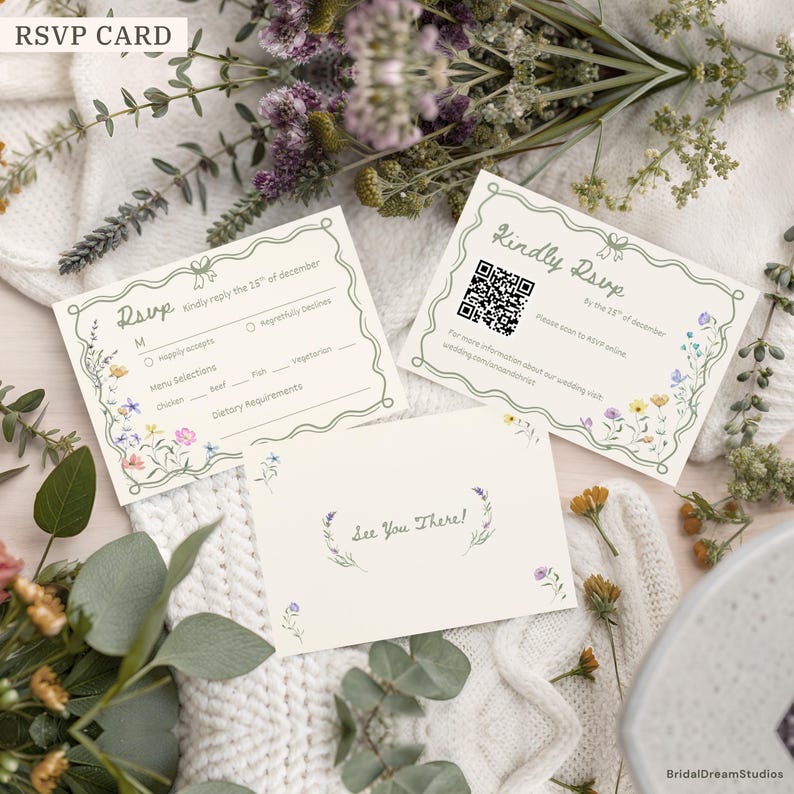 Whimsical Wildflower Wedding Invite Template Floral Wedding Invitations Canva Suite Handwritten Sage Green Wedding Stationery Bundle, WF1 image 4