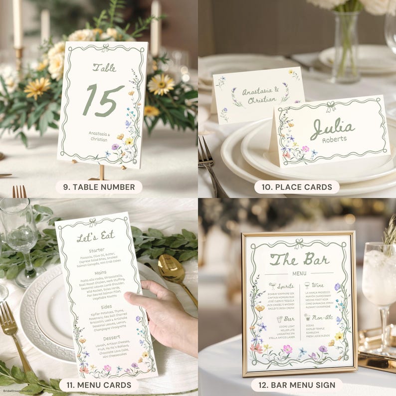 May include: A collection of wedding stationery featuring a table number, place cards, a menu card, and a bar menu sign. Each piece is printed on white cardstock with a sage green wavy border and delicate floral illustrations in soft colors.
