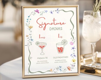 Letreros de bebidas de autor para bodas con un toque original: Letrero de bebidas para él y para ella, Menú de bar de cócteles con temática de flores silvestres, Letrero de bar personalizado y colorido, WF2