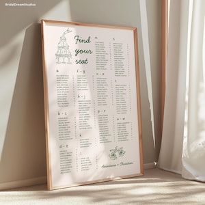 Puede incluir: Un plano de asientos enmarcado con un fondo rosa claro y un marco de madera. El texto "Find your seat" está en la parte superior, con nombres enumerados alfabéticamente. Los nombres son verdes, con los nombres "Anastasia + Christian" en la parte inferior.