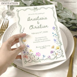 Whimsical Wildflower Wedding Invite Template Floral Wedding Invitations Canva Suite Handwritten Sage Green Wedding Stationery Bundle, WF1 image 6