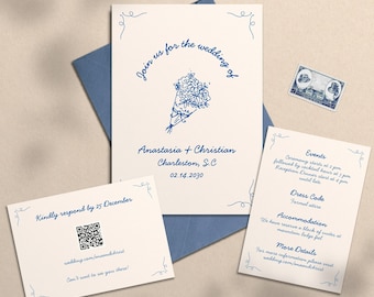 Elegant Wedding Invitations Suite Template Hand Drawn Illustration Templates Wedding Invitation QR Code RSVP Card Printable Stationery, HD2