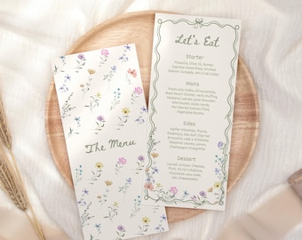 Wildflower Wedding Menu Cards Template Whimsical Wedding Dinner Menu Garden Party Bridal Shower Vintage Boho Floral Wedding Stationary, WF1