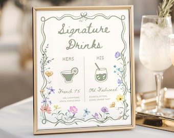 Letrero de bebidas para él y para ella, diseño caprichoso de flores silvestres, letrero de bebida de autor para bodas, plantilla de menú de cócteles florales bohemios, letrero de bar personalizado, WF1