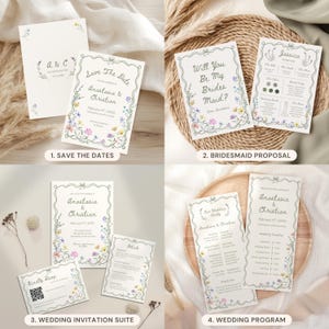 May include: A collection of wedding stationery featuring floral borders and cursive text. The set includes save the dates, bridesmaid proposal cards, wedding invitations with RSVP cards, and wedding programs, all decorated with colorful wildflowers.