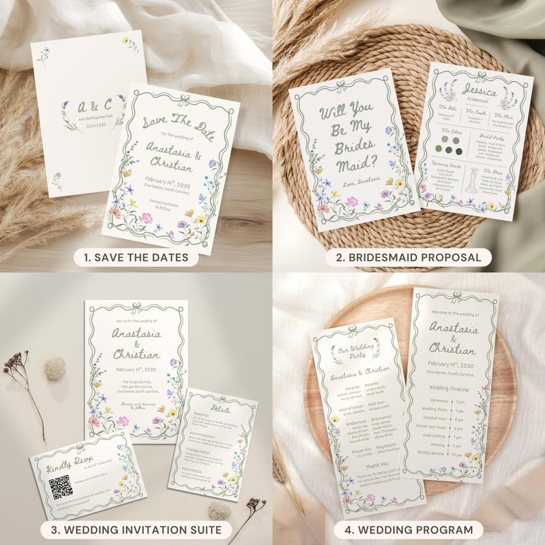 May include: A collection of wedding stationery featuring floral borders and cursive text. The set includes save the dates, bridesmaid proposal cards, wedding invitations with RSVP cards, and wedding programs, all decorated with colorful wildflowers.