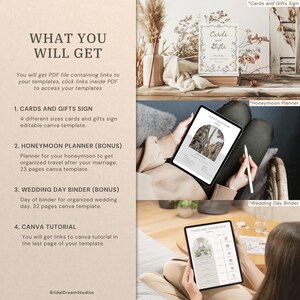 May include: A digital wedding planning template bundle. The image shows a "Cards and Gifts" sign, a "Honeymoon Planner", and a "Wedding Day Binder" displayed on a tablet. The text on the sign reads "Cards and Gifts". The text on the tablet reads "Destination" and "Timeline Overview".
