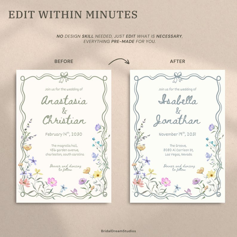 Whimsical Wildflower Wedding Invite Template Floral Wedding Invitations Canva Suite Handwritten Sage Green Wedding Stationery Bundle, WF1 image 13