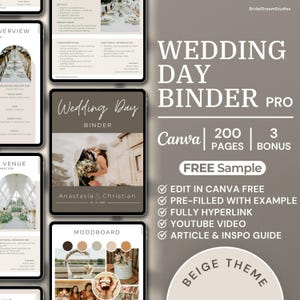 May include: A digital wedding day binder template with a beige theme. The cover features a couple embracing. The template includes 200 pages and 3 bonuses. Text includes "Wedding Day Binder Pro", "Canva", and "Free Sample".