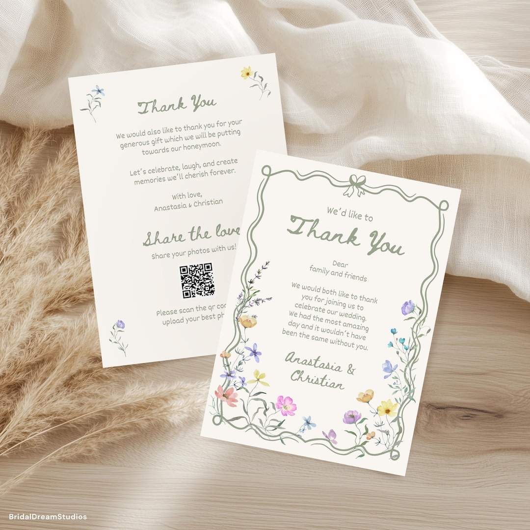 Wedding Thank You Cards Template Boho Floral Thank You Note Cards QR ...