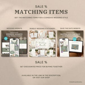 May include: A digital marketing graphic displaying a wedding website template, a wedding stationery bundle, and a digital save the date website template. The text includes SALE %, MATCHING ITEMS, WEDDING WEBSITE, BUNDLE WEDDING STATIONERY, and SAVE THE DATE WEBSITE.