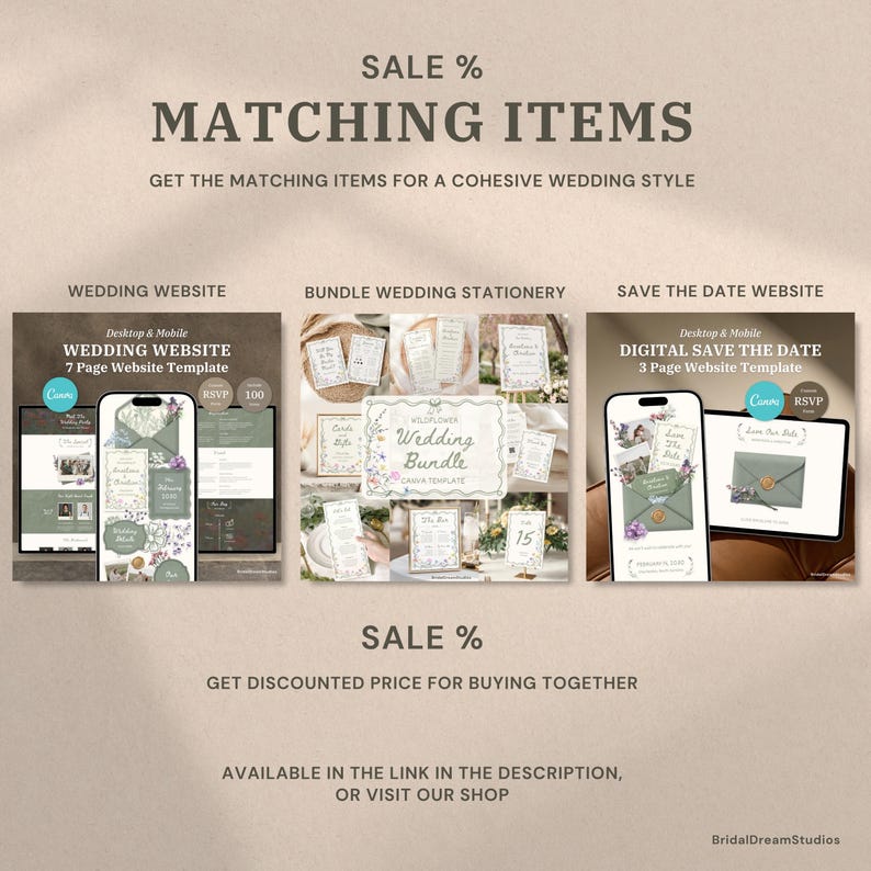 May include: A digital marketing graphic displaying a wedding website template, a wedding stationery bundle, and a digital save the date website template. The text includes SALE %, MATCHING ITEMS, WEDDING WEBSITE, BUNDLE WEDDING STATIONERY, and SAVE THE DATE WEBSITE.