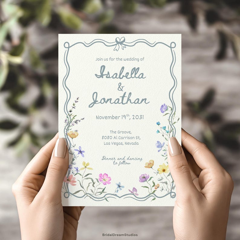 Whimsical Wildflower Wedding Invite Template Floral Wedding Invitations Canva Suite Handwritten Sage Green Wedding Stationery Bundle, WF1 image 14