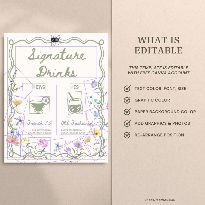 May include: A printable wedding sign with a floral design. The sign features the words "Signature Drinks" and includes drink recipes for "Hers" and "His". The sign also lists what is editable, including text color, font, size, and graphic color.