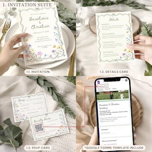 May include: A wedding invitation suite featuring a floral border with pink, yellow, and blue flowers. Includes an invitation, details card, and RSVP card with a QR code. A smartphone displays a digital Google Forms template for wedding RSVPs.