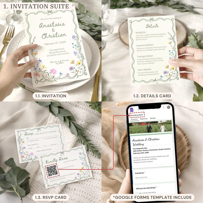 May include: A wedding invitation suite featuring a floral border with pink, yellow, and blue flowers. Includes an invitation, details card, and RSVP card with a QR code. A smartphone displays a digital Google Forms template for wedding RSVPs.