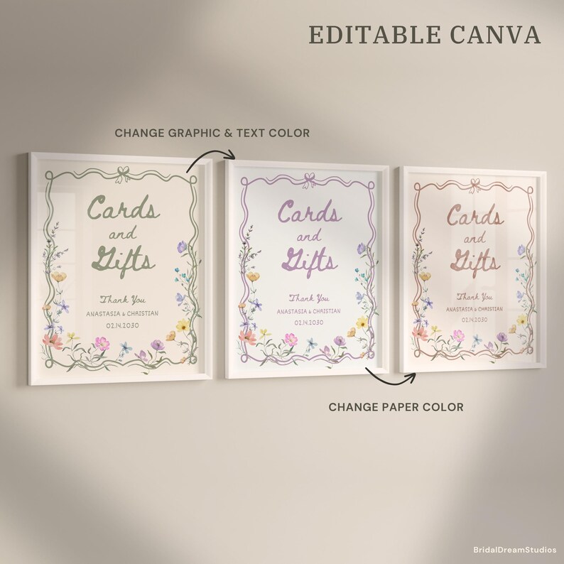 May include: Three framed signs with the text "Cards and Gifts" in elegant script, surrounded by floral illustrations. The signs are in different color schemes, including green, purple, and peach, with the text "Thank You" and a date below.