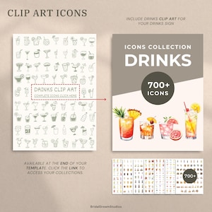 May include: A digital art collection of drink clip art icons. The image includes a page of sketched drink icons, a page with watercolor drink illustrations, and the text "DRINKS CLIP ART" and "700+ ICONS".