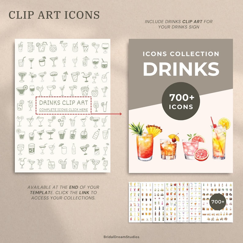 May include: A digital art collection of drink clip art icons. The image includes a page of sketched drink icons, a page with watercolor drink illustrations, and the text "DRINKS CLIP ART" and "700+ ICONS".