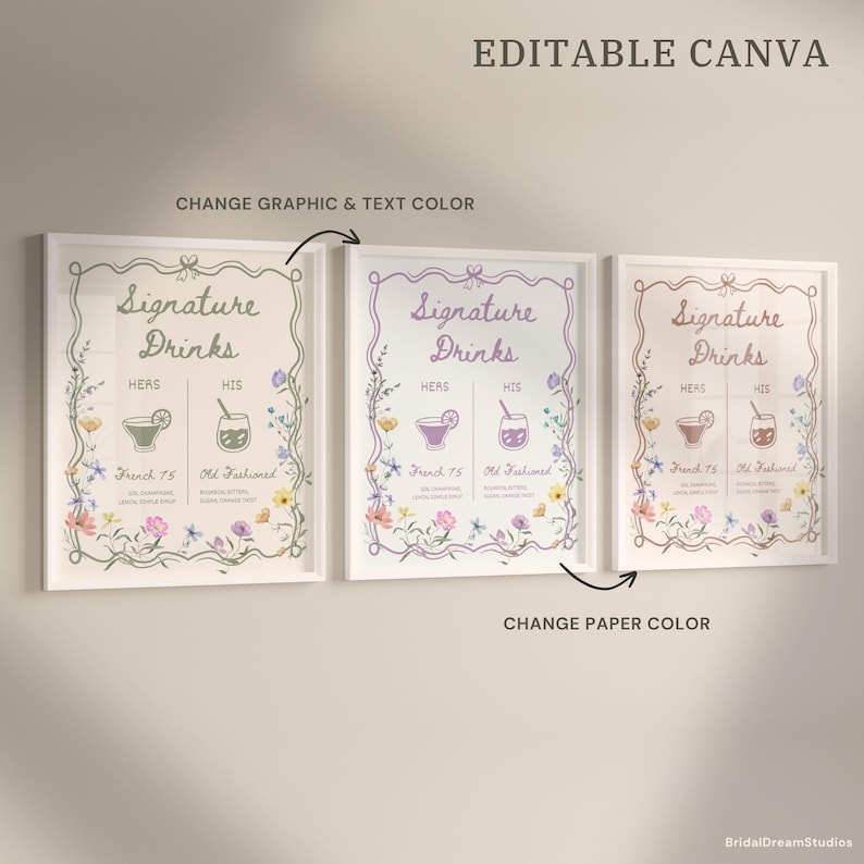 May include: Three framed prints with the text "Signature Drinks" and drink illustrations. The prints are in different color schemes, with floral accents and the text "French 75" and "Old Fashioned". The top text reads "Editable Canva".