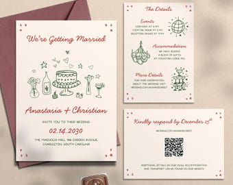 Invitaciones de boda ilustradas, plantillas de papelería de boda dibujadas a mano, conjuntos de invitaciones modernas, invitaciones de boda manuscritas, caprichosas, HD3
