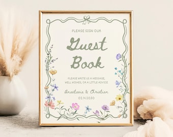 Wildflower Wedding Guest Book Sign Template Vintage Whimsical Wedding Guestbook Sign Our Guest Book Floral Wedding Table Decor Signage, WF1