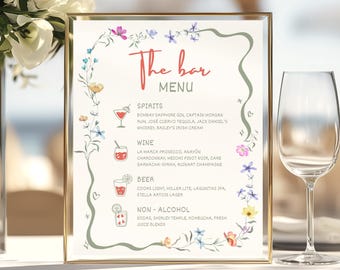Menú de bar para bodas: Letrero colorido con flores silvestres, diseño caprichoso, cartel para cócteles de autor, plantilla de menú de cócteles de boda con diseño floral bohemio WF2