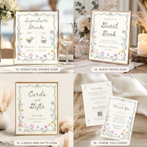 May include: A collection of four wedding signs and cards featuring a sage green wavy border and colorful wildflower illustrations. The set includes signs for Signature Drinks, Guest Book, Cards and Gifts, and Thank You cards with text.
