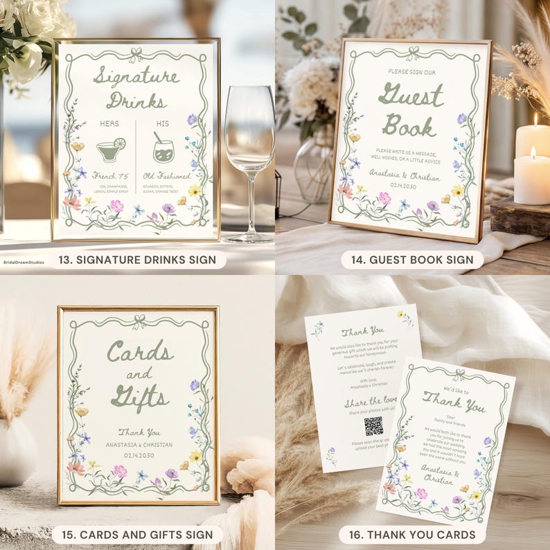 May include: A collection of four wedding signs and cards featuring a sage green wavy border and colorful wildflower illustrations. The set includes signs for Signature Drinks, Guest Book, Cards and Gifts, and Thank You cards with text.